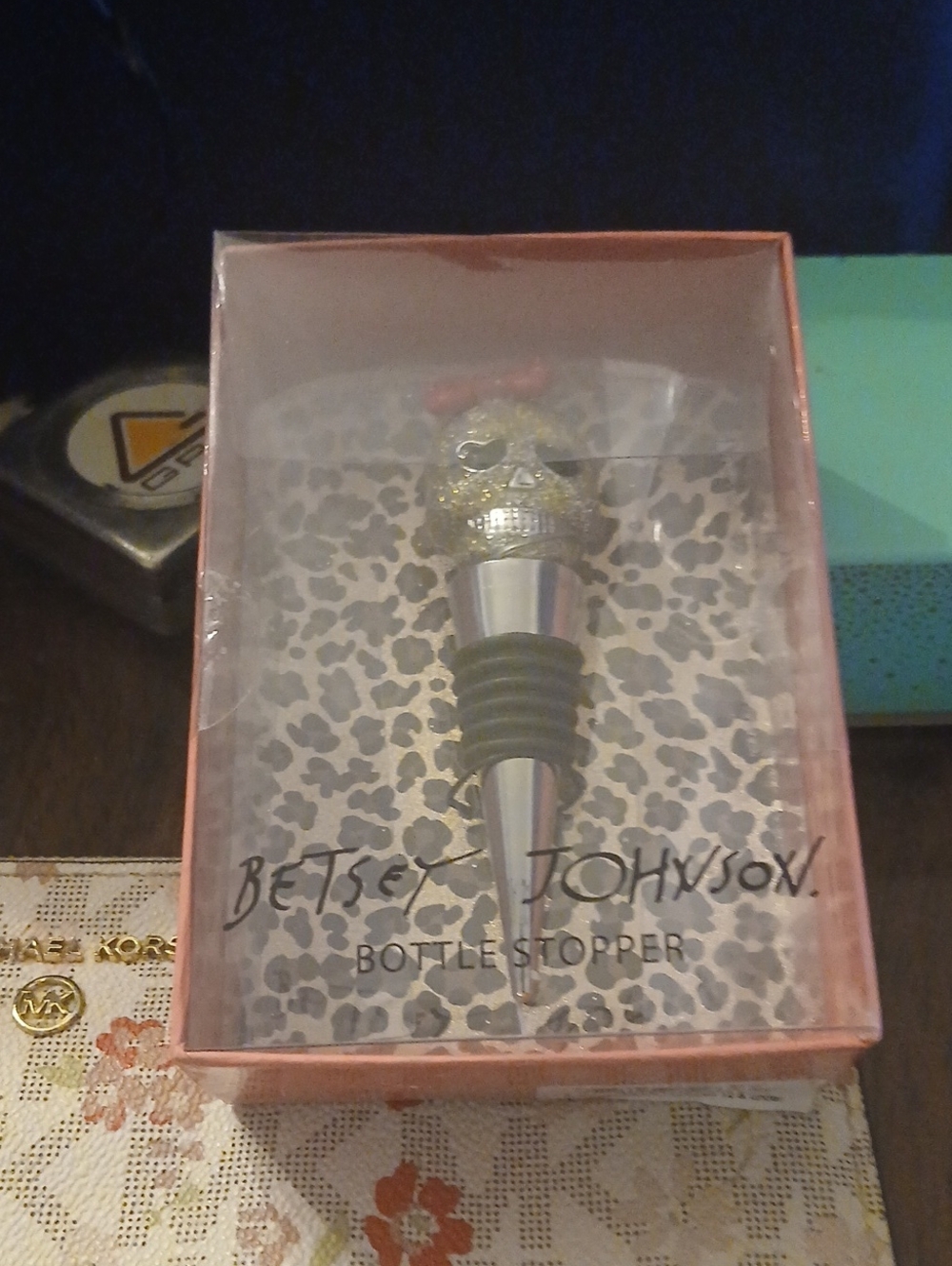 Betsey Johnson Silver Bottle Stopper with Gold Crystal Skull
